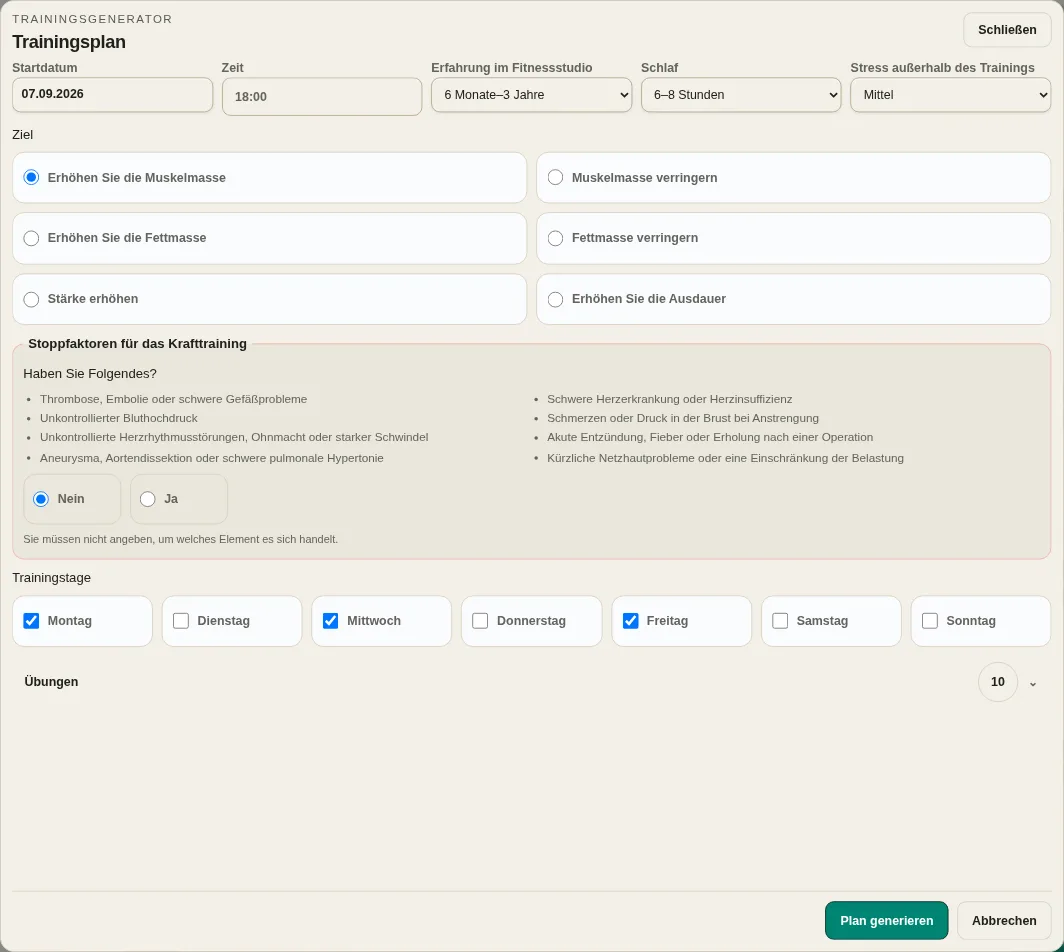 LevelTrace individuelle Einstellungen des Trainingsgenerators mit Startdatum, Uhrzeit, Erfahrung, Erholung, Ziel, Sicherheitscheck, Trainingstagen und Übungsauswahl