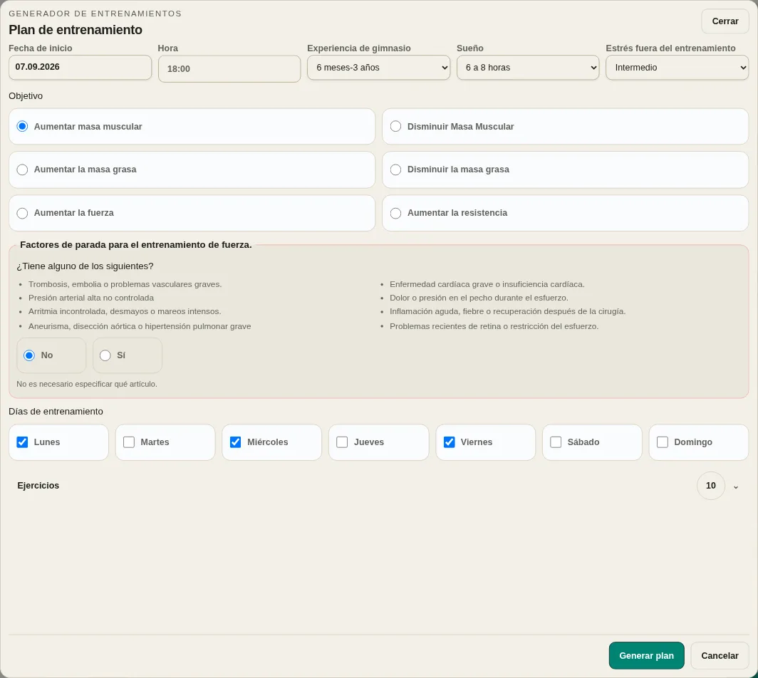 LevelTrace configuraciones del generador de entrenamiento individualizado con fecha de inicio, hora, experiencia, recuperación, objetivo, control de seguridad, días de entrenamiento y selección de ejercicios