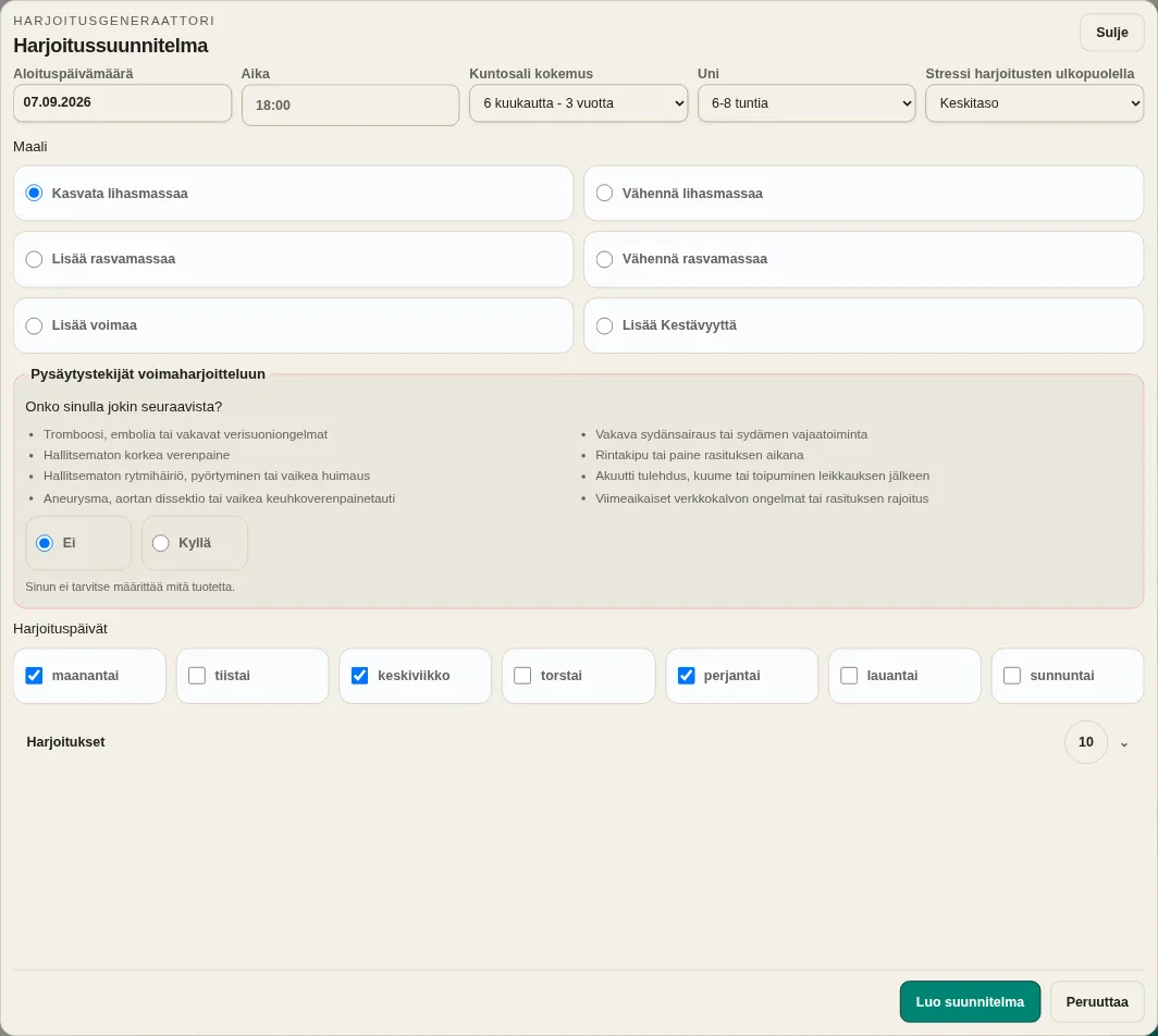 LevelTrace yksilölliset harjoitusgeneraattoriasetukset aloituspäivämäärällä, kellonaikalla, kokemuksella, palautumisella, tavoitteella, turvatarkastuksella, harjoituspäivillä ja harjoitusvalimilla