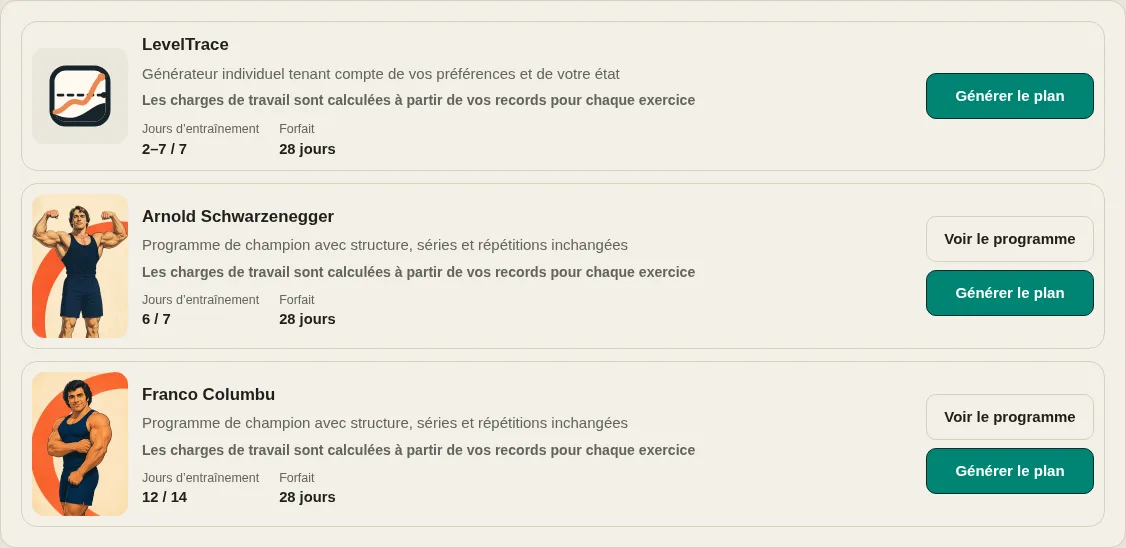 Générateur d'entraînement LevelTrace montrant le générateur individualisé et les cartes du programme de champion