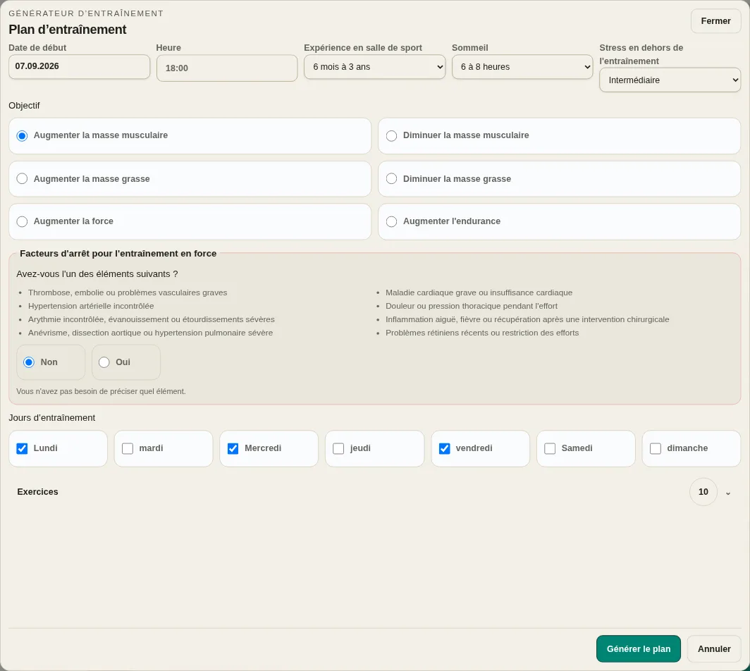 LevelTrace paramètres personnalisés du générateur d'entraînement avec date de début, heure, expérience, récupération, objectif, contrôle de sécurité, jours d'entraînement et sélection d'exercices
