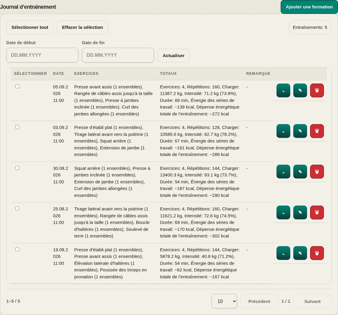 LevelTrace tracker d'entraînement affichant des séances de démonstration avec les exercices saisis, les séries d'entraînement, les répétitions d'exercices et le poids, ainsi que la charge, l'intensité et la dépense énergétique calculées