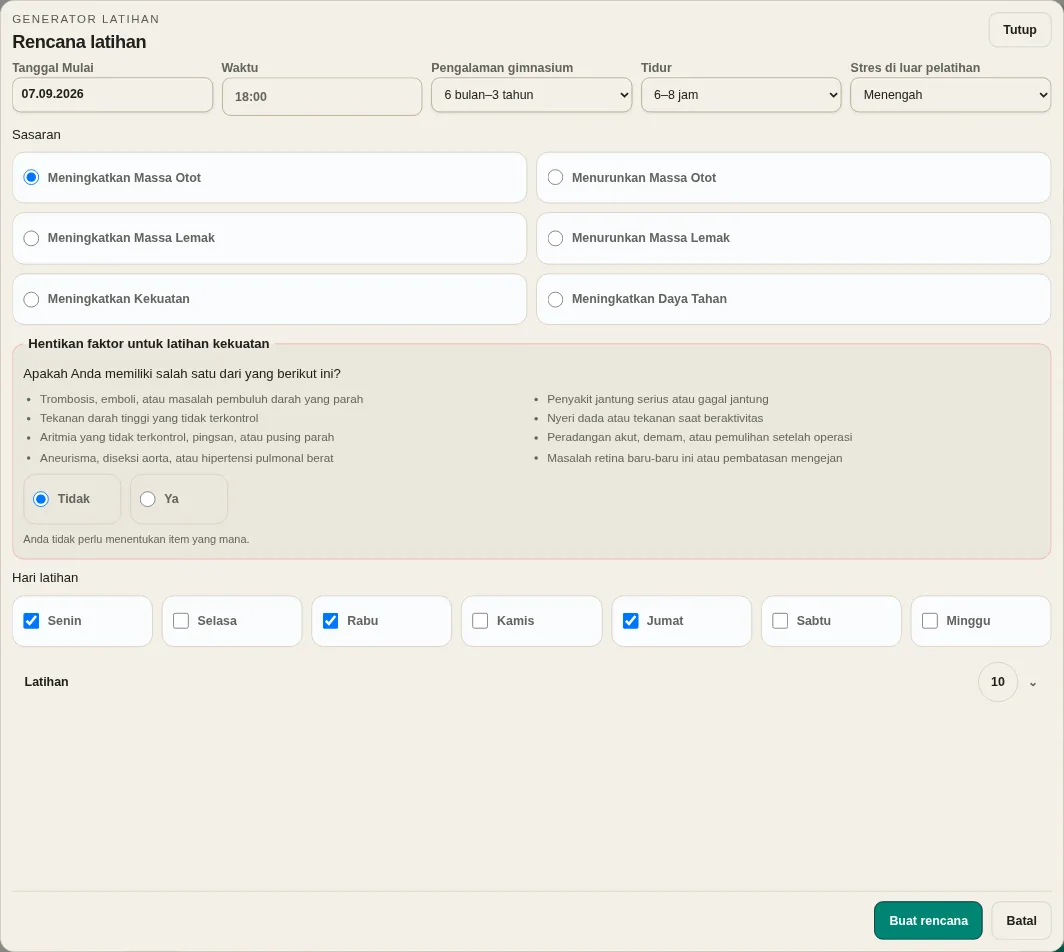 LevelTrace pengaturan generator latihan individual dengan tanggal mulai, waktu, pengalaman, pemulihan, tujuan, pemeriksaan keselamatan, hari pelatihan dan pilihan latihan
