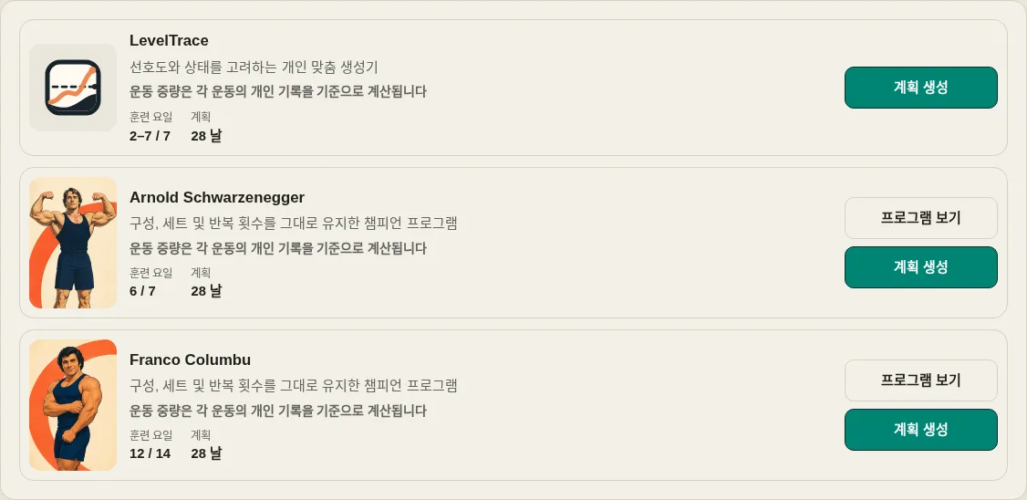 LevelTrace 개별화된 생성기와 챔피언 프로그램 카드를 보여주는 운동 생성기