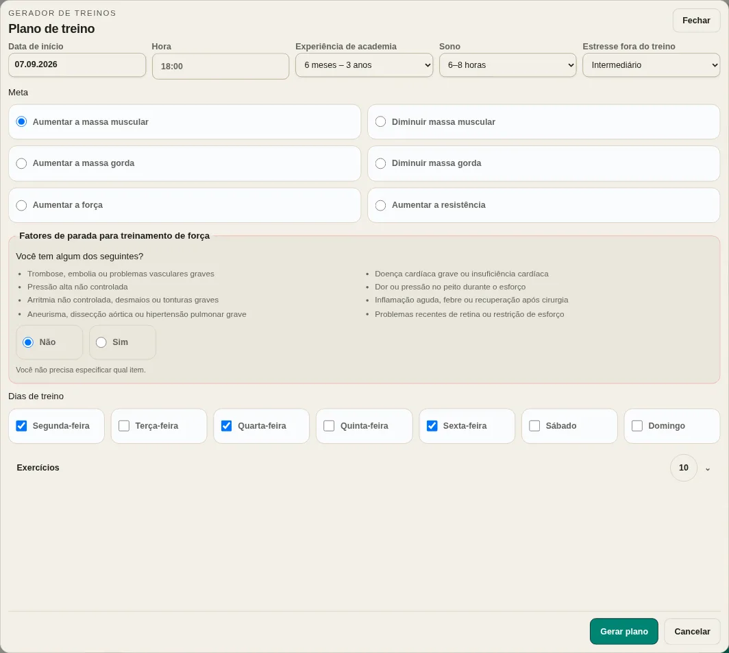 LevelTrace configurações individualizadas do gerador de treino com data de início, hora, experiência, recuperação, objetivo, verificação de segurança, dias de treinamento e seleção de exercícios