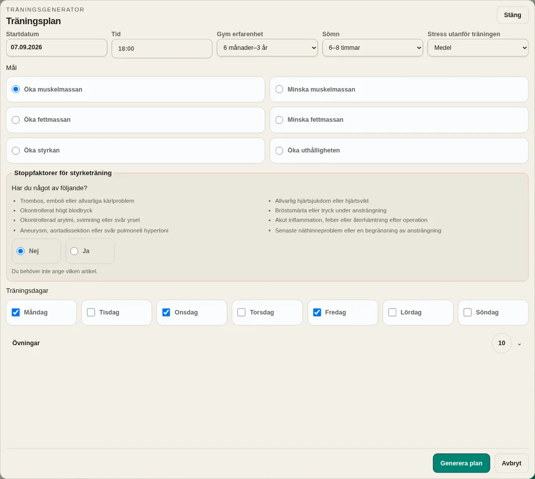 LevelTrace individualiserade träningsgeneratorinställningar med startdatum, tid, erfarenhet, återhämtning, mål, säkerhetskontroll, träningsdagar och träningsval