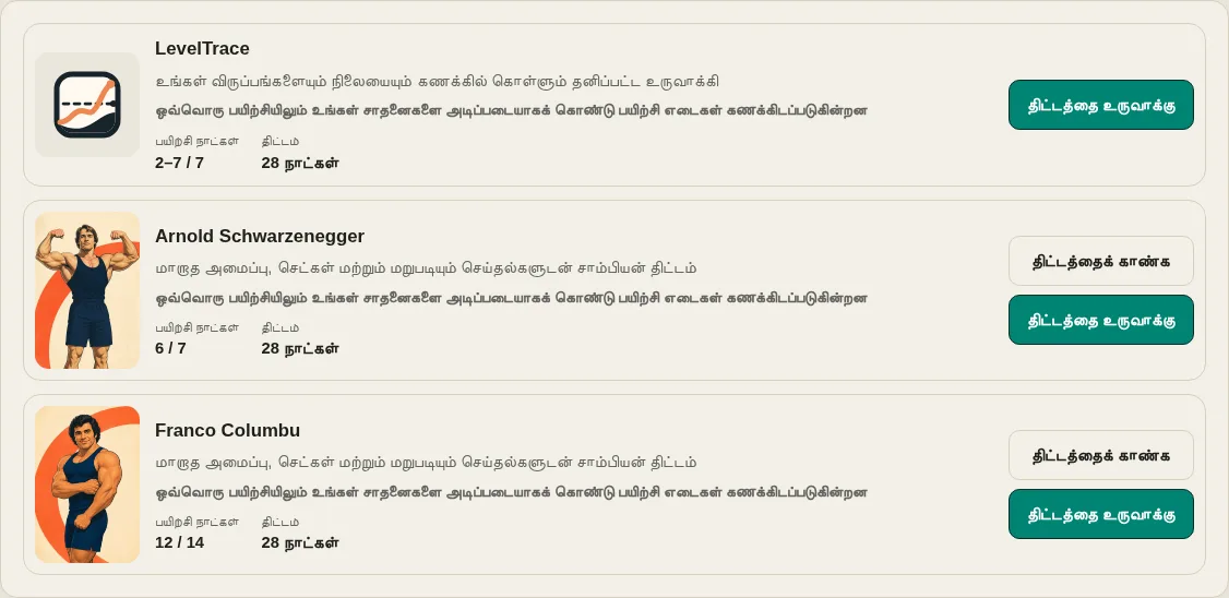 LevelTrace ஒர்க்அவுட் ஜெனரேட்டர் தனிப்பட்ட ஜெனரேட்டர் மற்றும் சாம்பியன் நிரல் அட்டைகளைக் காட்டுகிறது