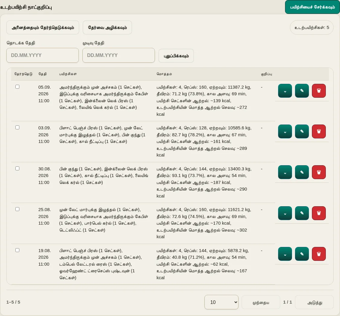 LevelTrace வொர்க்அவுட் டிராக்கர் டெமோ அமர்வுகளை உள்ளிடப்பட்ட பயிற்சிகள், ஒர்க்அவுட் செட்கள், உடற்பயிற்சியை மீண்டும் செய்தல் மற்றும் எடை மற்றும் கணக்கிடப்பட்ட சுமை, தீவிரம் மற்றும் ஆற்றல் செலவினங்களைக் காட்டுகிறது