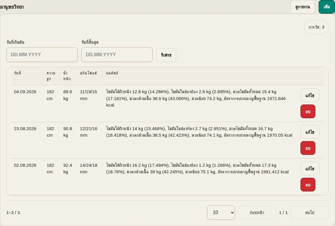 เครื่องติดตามการวัดร่างกาย LevelTrace พร้อมรายการสาธิตจำลองสำหรับส่วนสูง น้ำหนัก รอยพับของผิวหนัง และผลลัพธ์ที่คำนวณได้