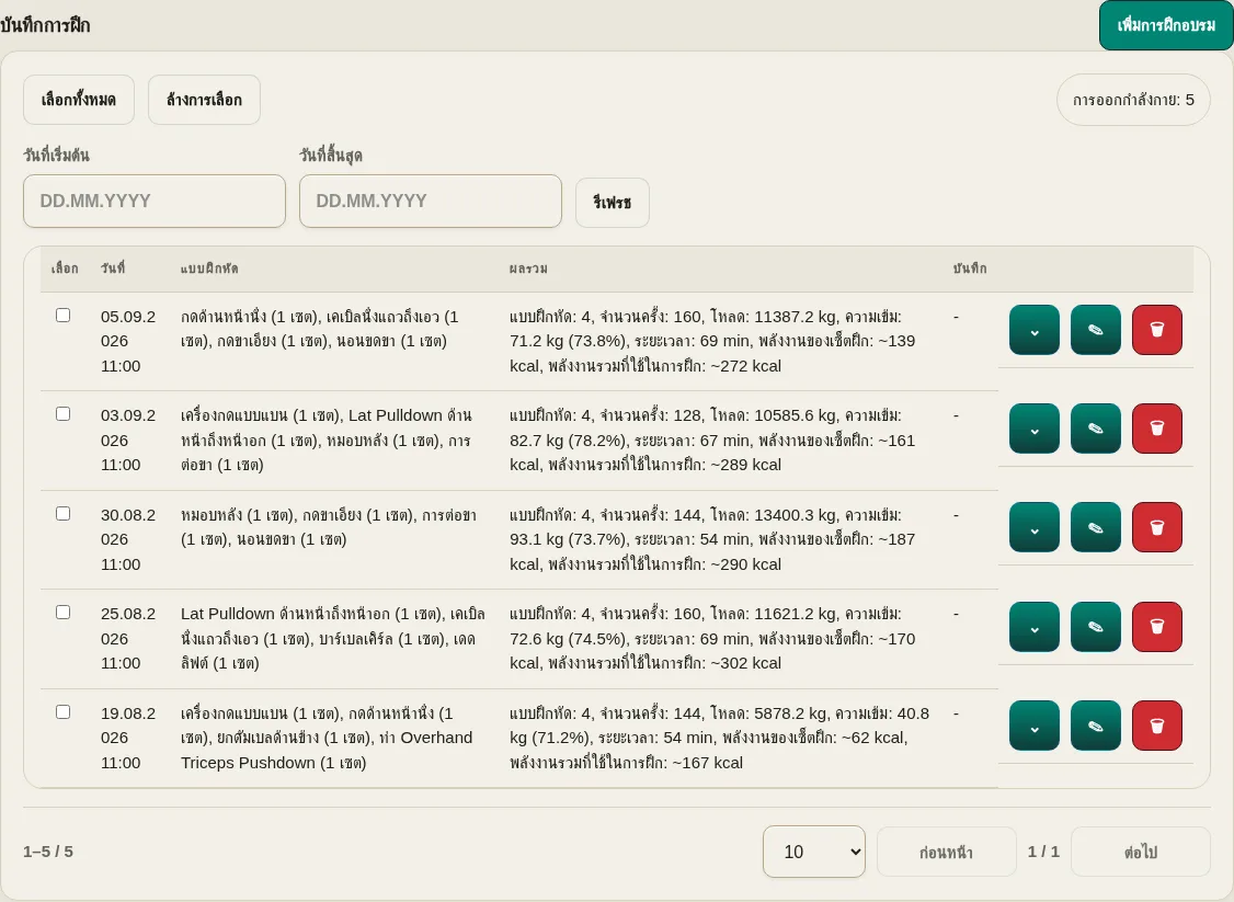 เครื่องติดตามการออกกำลังกาย LevelTrace แสดงเซสชันสาธิตพร้อมแบบฝึกหัดที่ป้อน ชุดออกกำลังกาย การออกกำลังกายซ้ำ และน้ำหนักบวกกับภาระที่คำนวณได้ ความเข้มข้น และค่าใช้จ่ายด้านพลังงาน