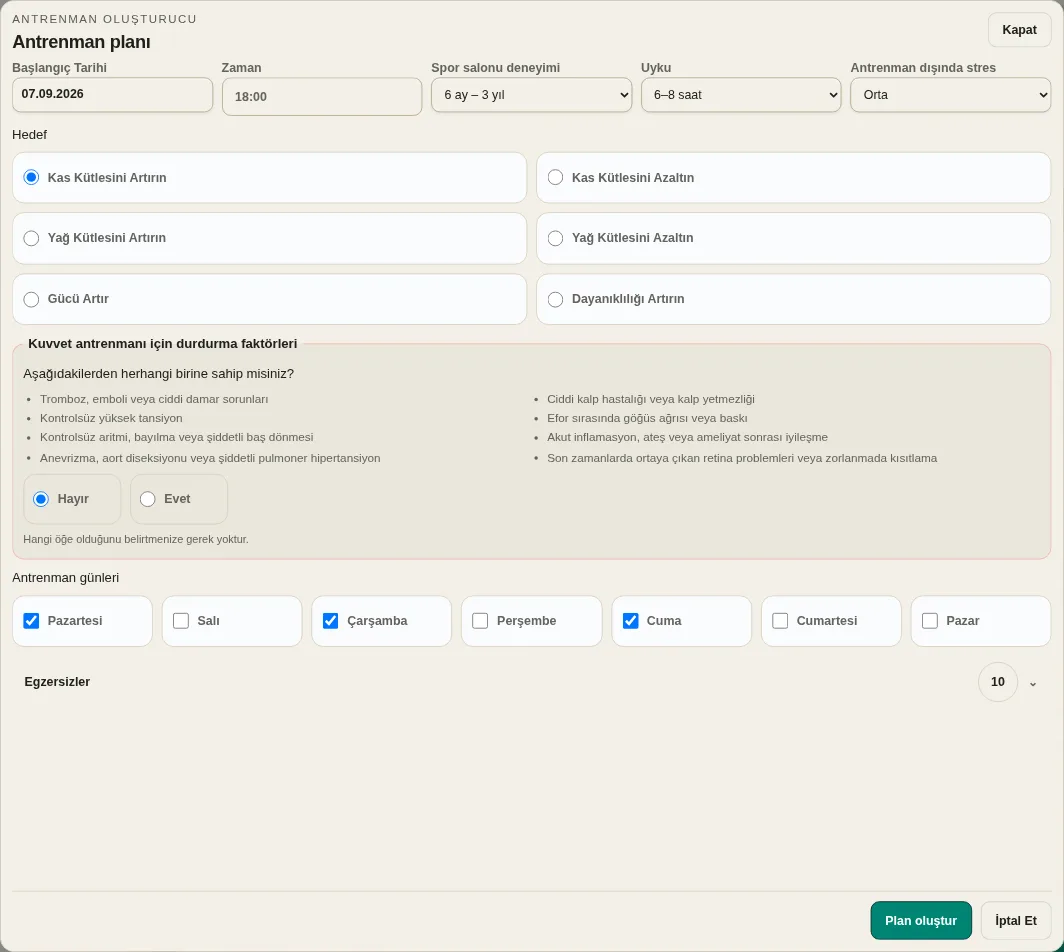 LevelTrace Başlangıç tarihi, saati, deneyimi, dinlenmeyi, hedefi, güvenlik kontrolünü, antrenman günlerini ve egzersiz seçimini içeren kişiselleştirilmiş antrenman oluşturucu ayarları