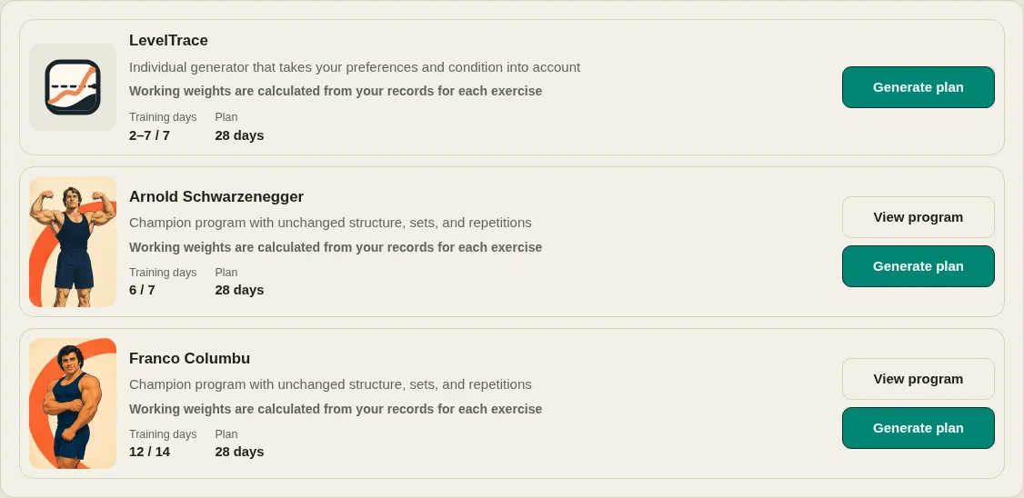 LevelTrace workout generator showing the individualized generator and champion program cards