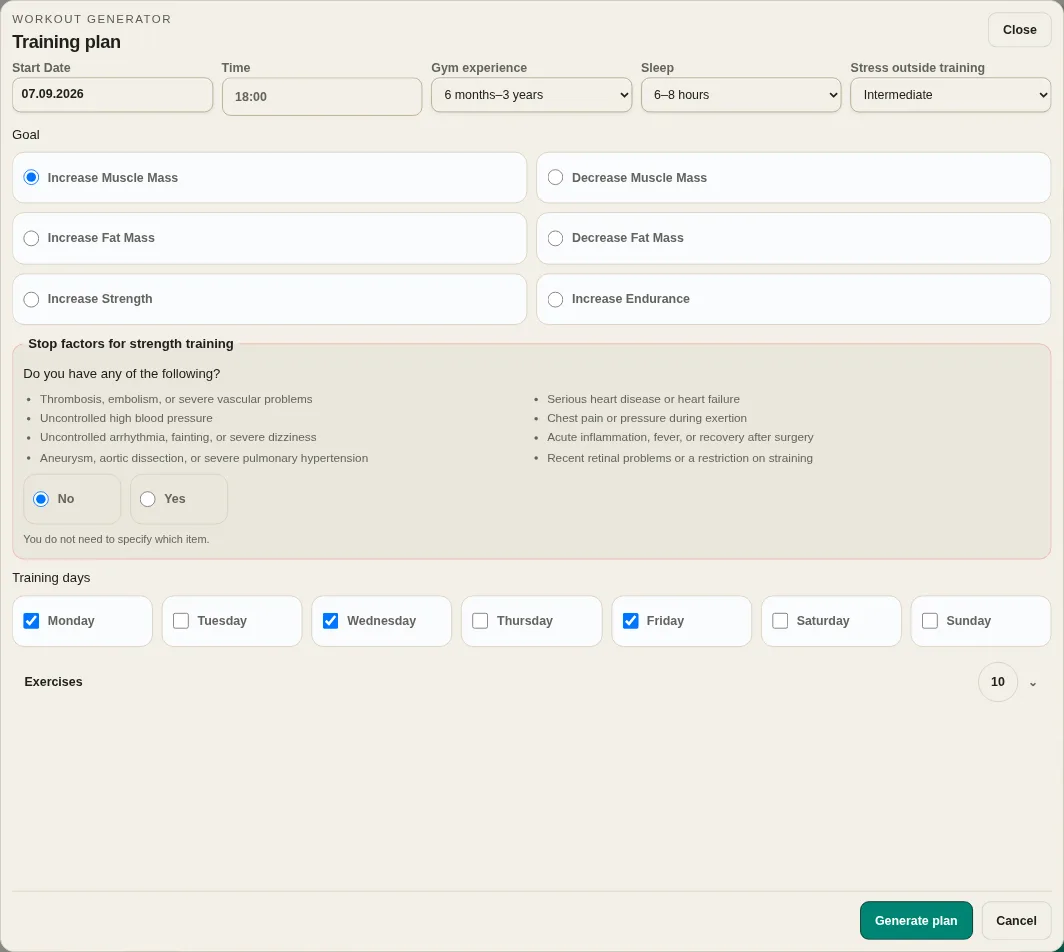 LevelTrace individualized workout generator settings with start date, time, experience, recovery, goal, safety check, training days and exercise selection