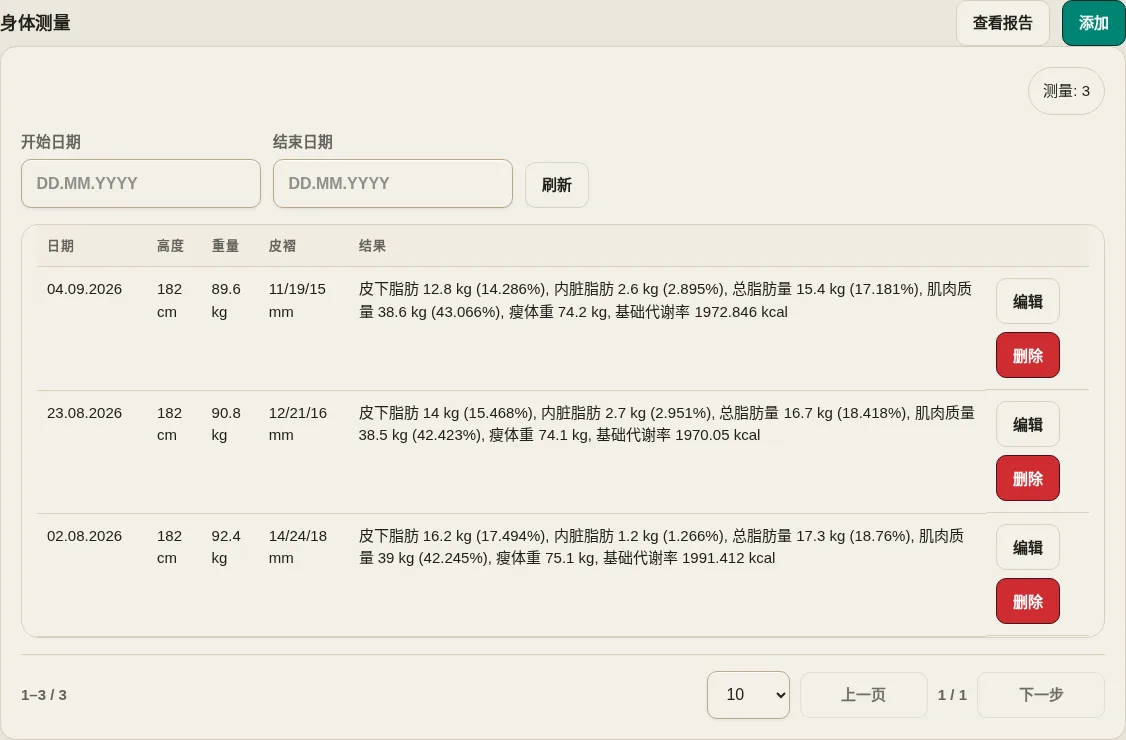 LevelTrace 身体测量跟踪器，具有身高、体重、皮褶和计算结果的人工演示条目