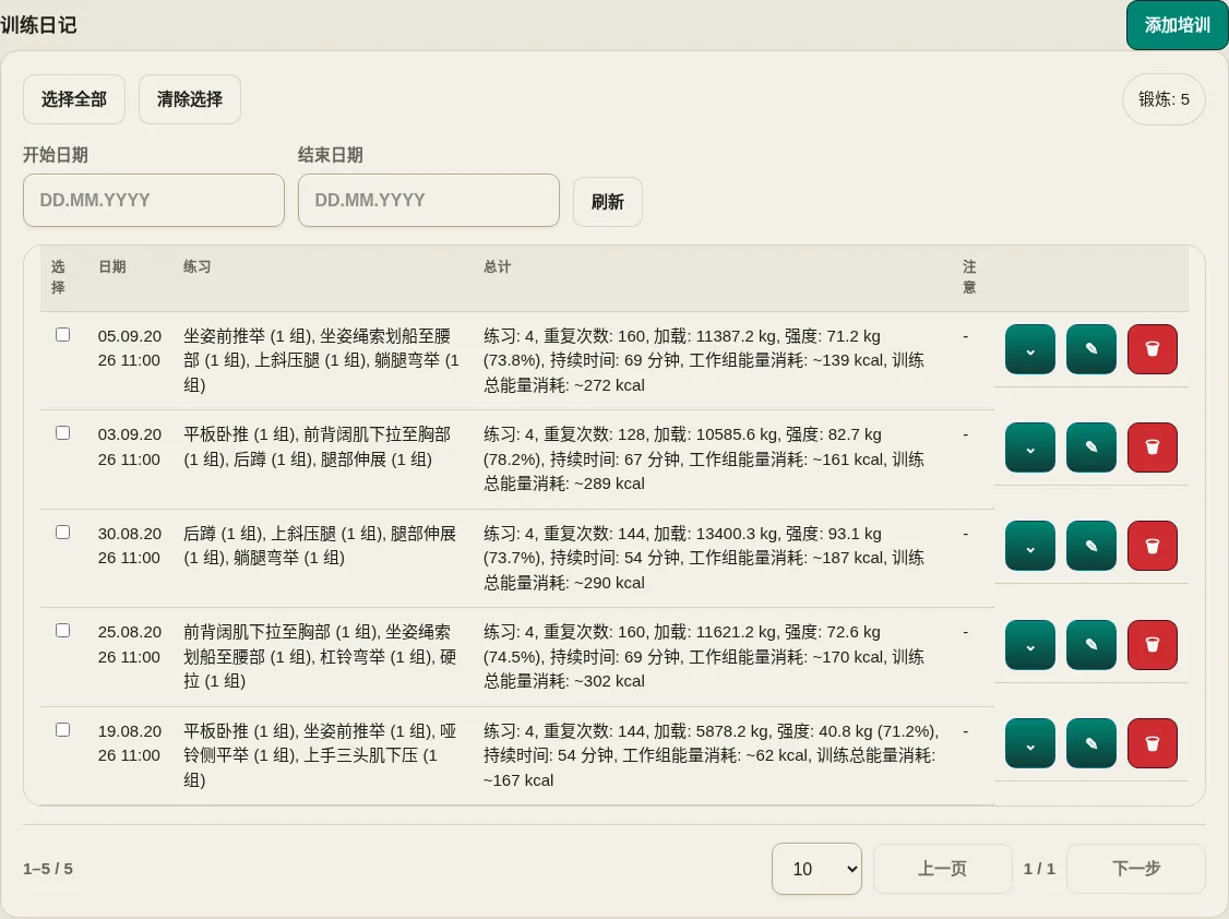 LevelTrace 锻炼追踪器显示演示课程，其中包含输入的练习、锻炼组、锻炼重复次数和体重以及计算出的负荷、强度和能量消耗
